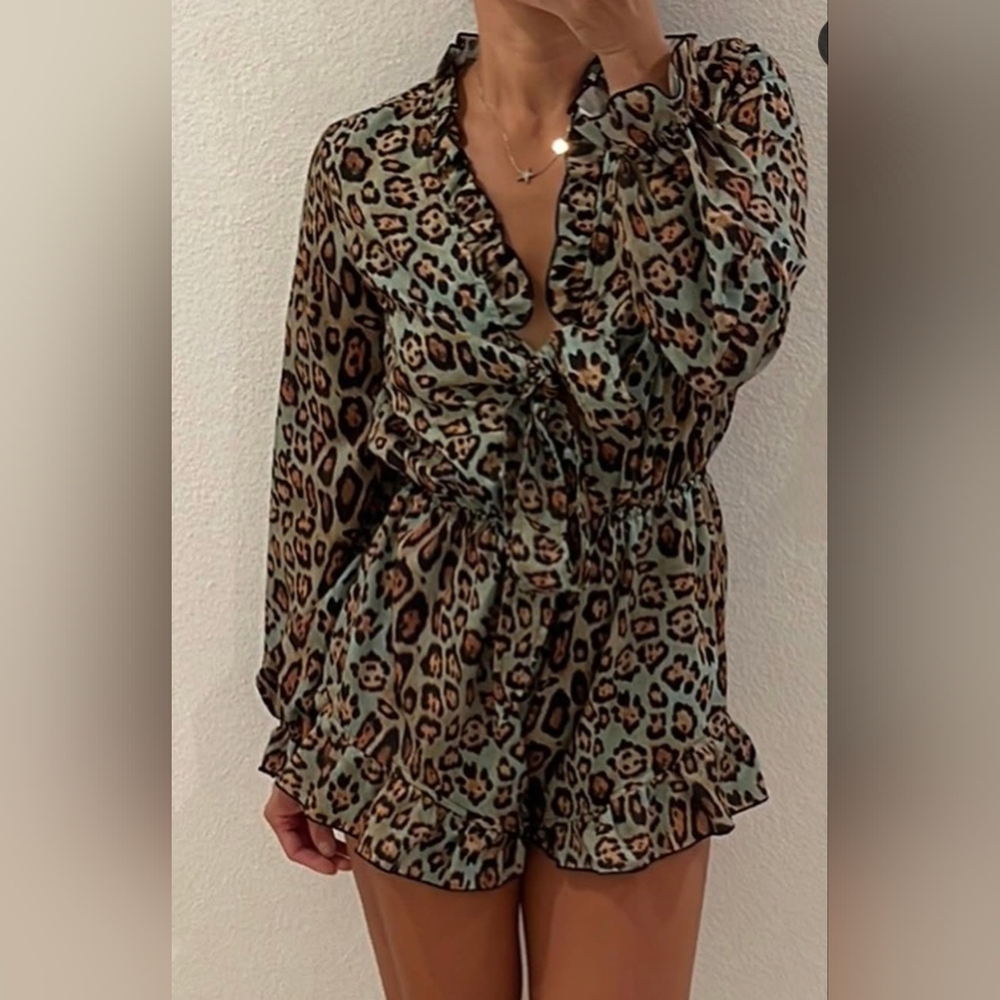 NASTY GAL Leopard Print Ruffle Mini Dress / Romper SIZE UK 8 US 4